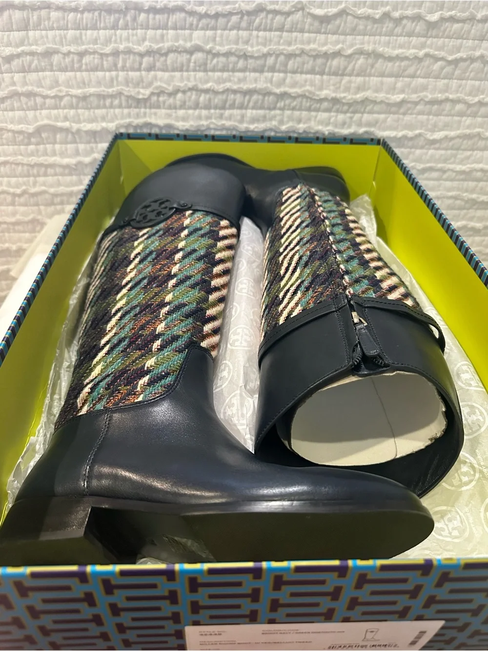 Tory Burch Miller Riding Boot & Purse Navy/Green Dogtooth Tweed Size 7 (SET)
